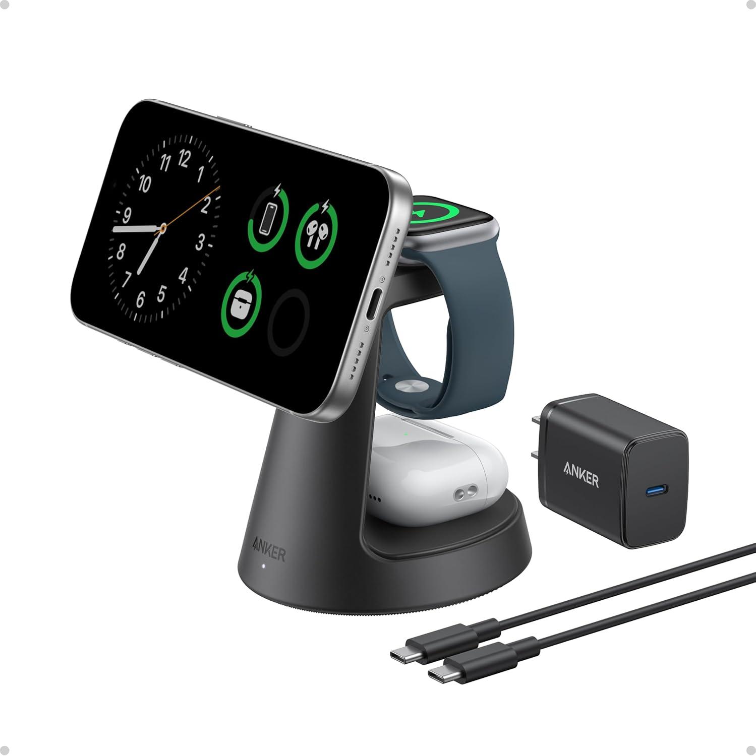 MagSafe Charger Compatible, MagGo 3-in-1 Charging Station, Nano Charging Stand, Qi2 Certified 15W Magnetic Wireless Charger Dock, for iPhone17/16/15/14, Apple Watch,AirPods (Adapter Included)