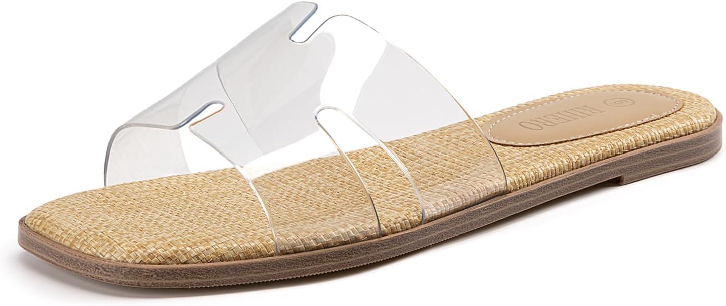 Rihero Women's Dressy Flat Sandals Comfortable Slip On Leather Slide Sandals