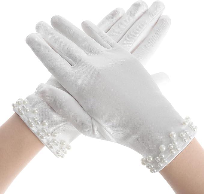 Trinkrittey White Satin Gloves - Women's Pearl Wedding & Tea Party Gloves for 1920s Fashion